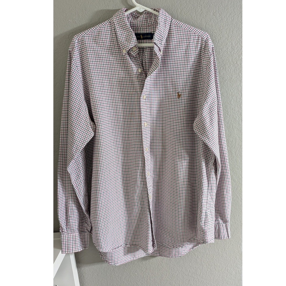 Preppy Ralph Lauren Men's L Long Sleeve Shirt Burgundy & Green Tattersall Check